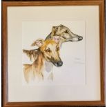 Jennifer Evans watercolour painting of 2 greyhounds 'Ready' - frame 43cm x 41.5cm ~ with original