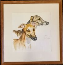 Jennifer Evans watercolour painting of 2 greyhounds 'Ready' - frame 43cm x 41.5cm ~ with original