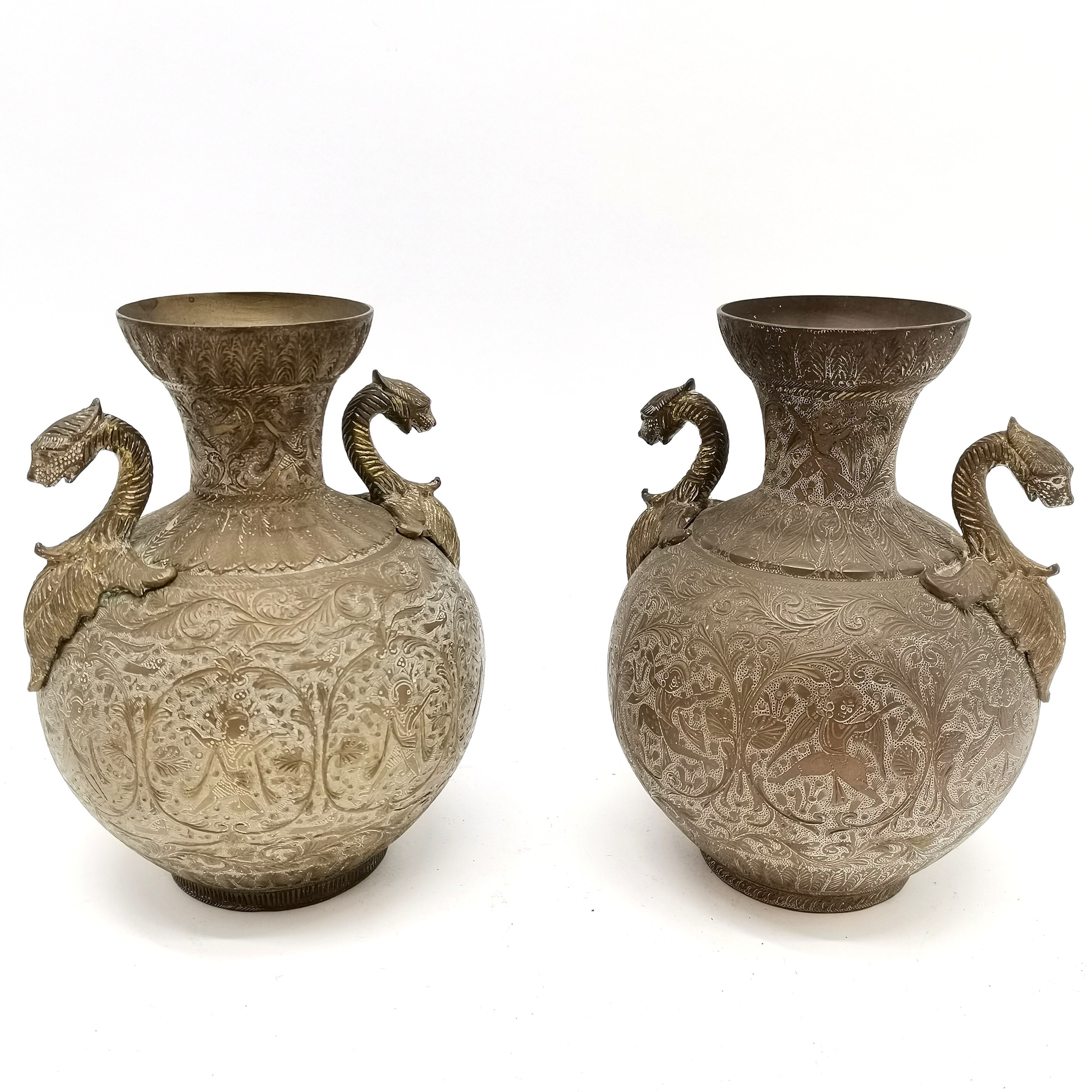 Indian pair of brass 2 handled vases - 21cm high with engraved detail of dancers to the bodies - Image 2 of 3