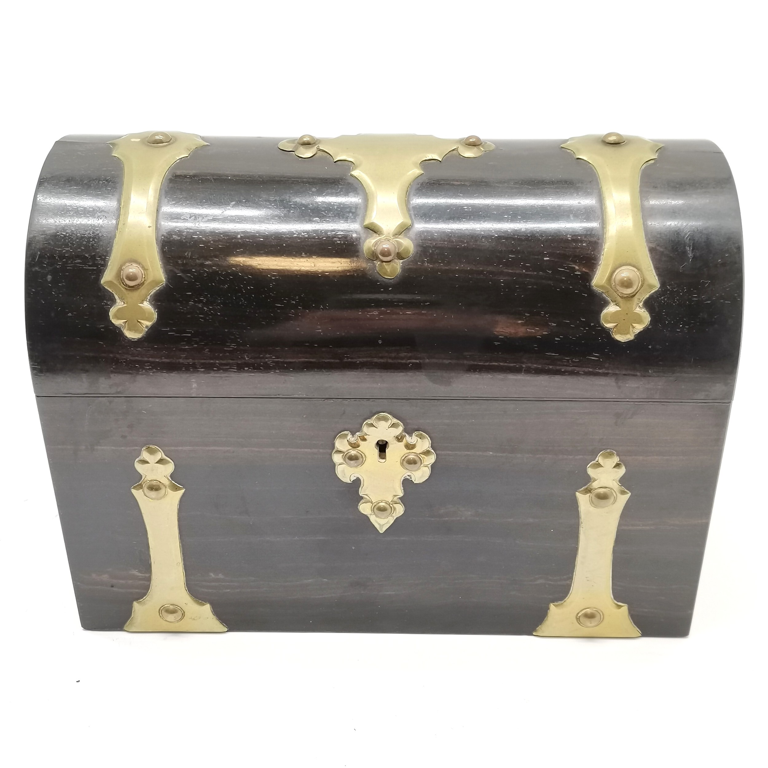 Antique coromandel wooden domed lidded stationery box with brass mounts - 22cm across x 16cm high