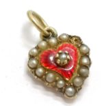 Unmarked antique gold heart small pendant with red enamel & pearl detail (1 missing) - 1.5cm