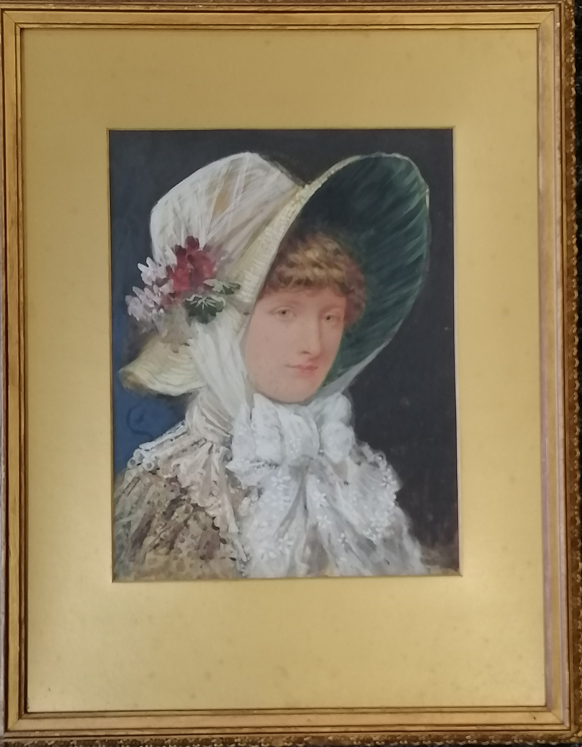 Augustus Jules Bouvier (1827-81) watercolour of a lady wearing a bonnet - frame 60cm x 47cm ~ has - Image 4 of 4