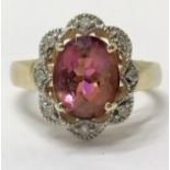 9ct hallmarked gold unusual pink stone & diamond cluster ring - size N½ & 3.2g total weight