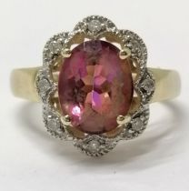 9ct hallmarked gold unusual pink stone & diamond cluster ring - size N½ & 3.2g total weight