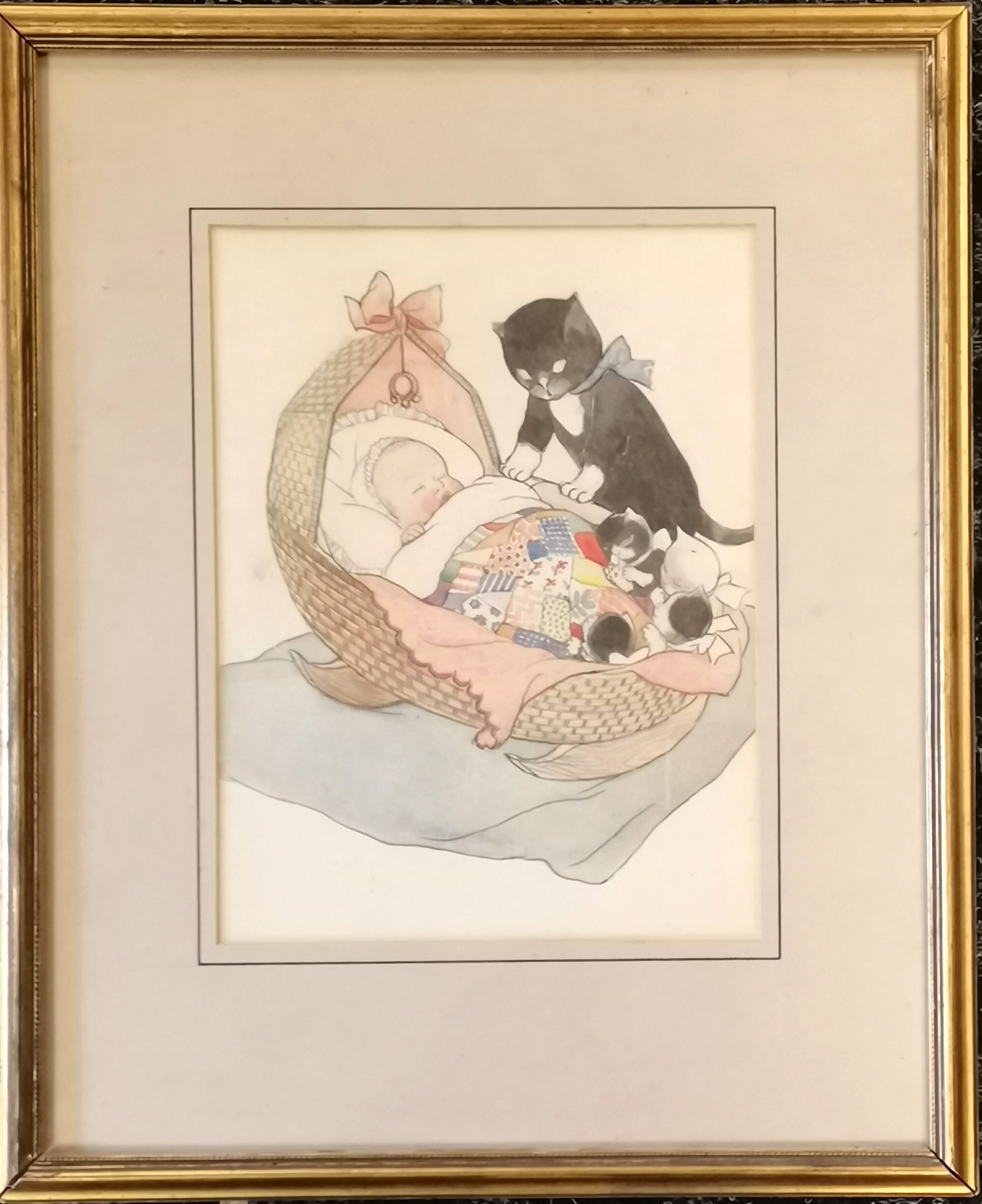 Framed watercolour painting of a child in a crib with a cat and kittens - frame 41cm x 34cm - no - Image 2 of 2