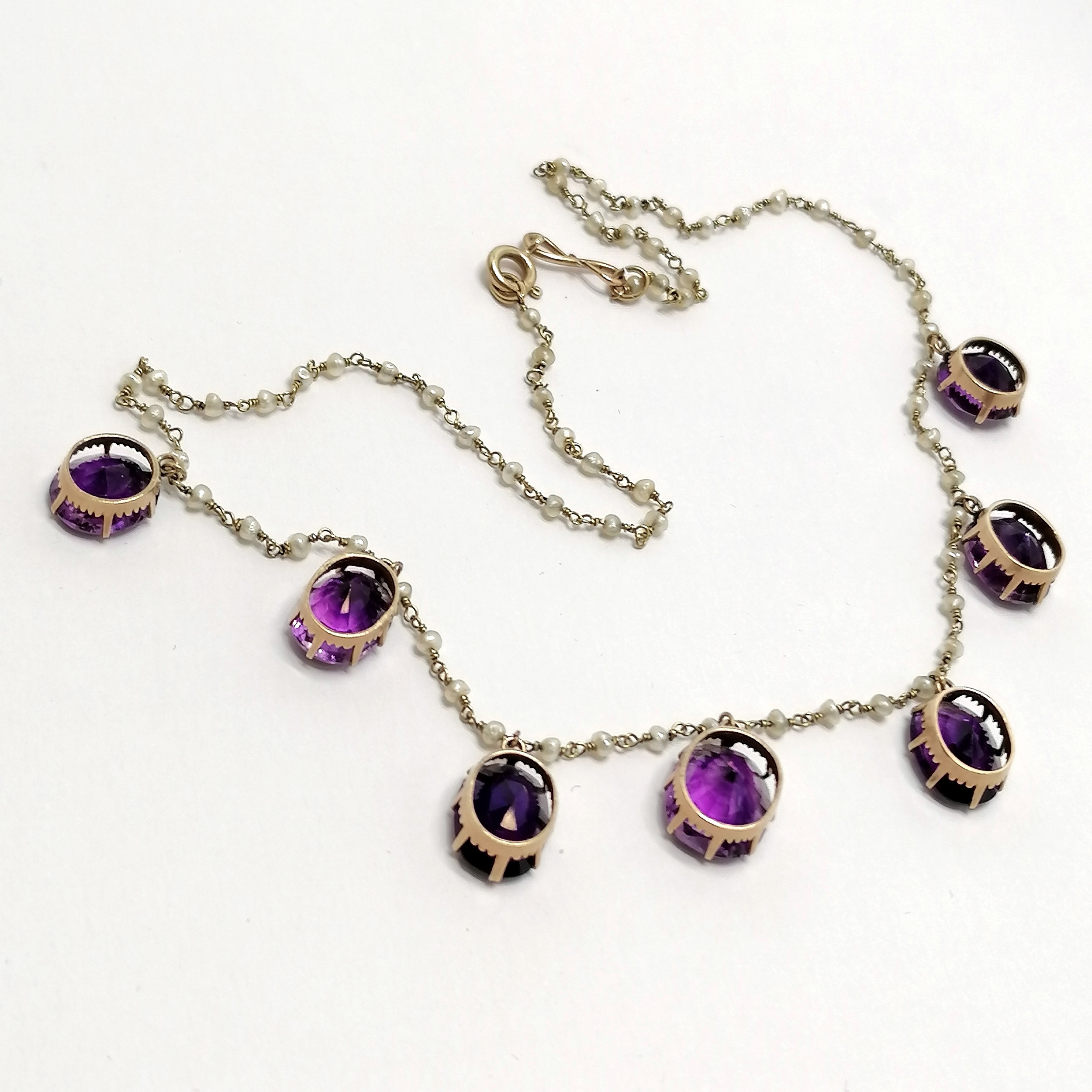 Antique unmarked gold seed pearl / amethyst stone set necklace - 39cm & 9.9g total weight in an - Image 6 of 8