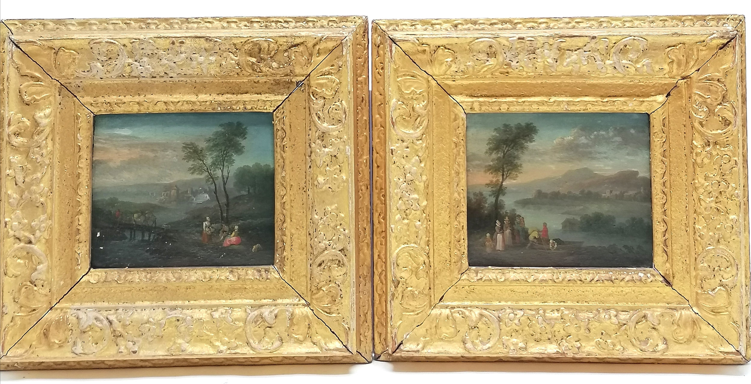 Pair of 17th century oil paintings on panel of pastoral scenes in original gilt frames in the circle