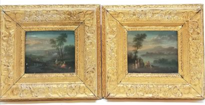 Pair of 17th century oil paintings on panel of pastoral scenes in original gilt frames in the circle