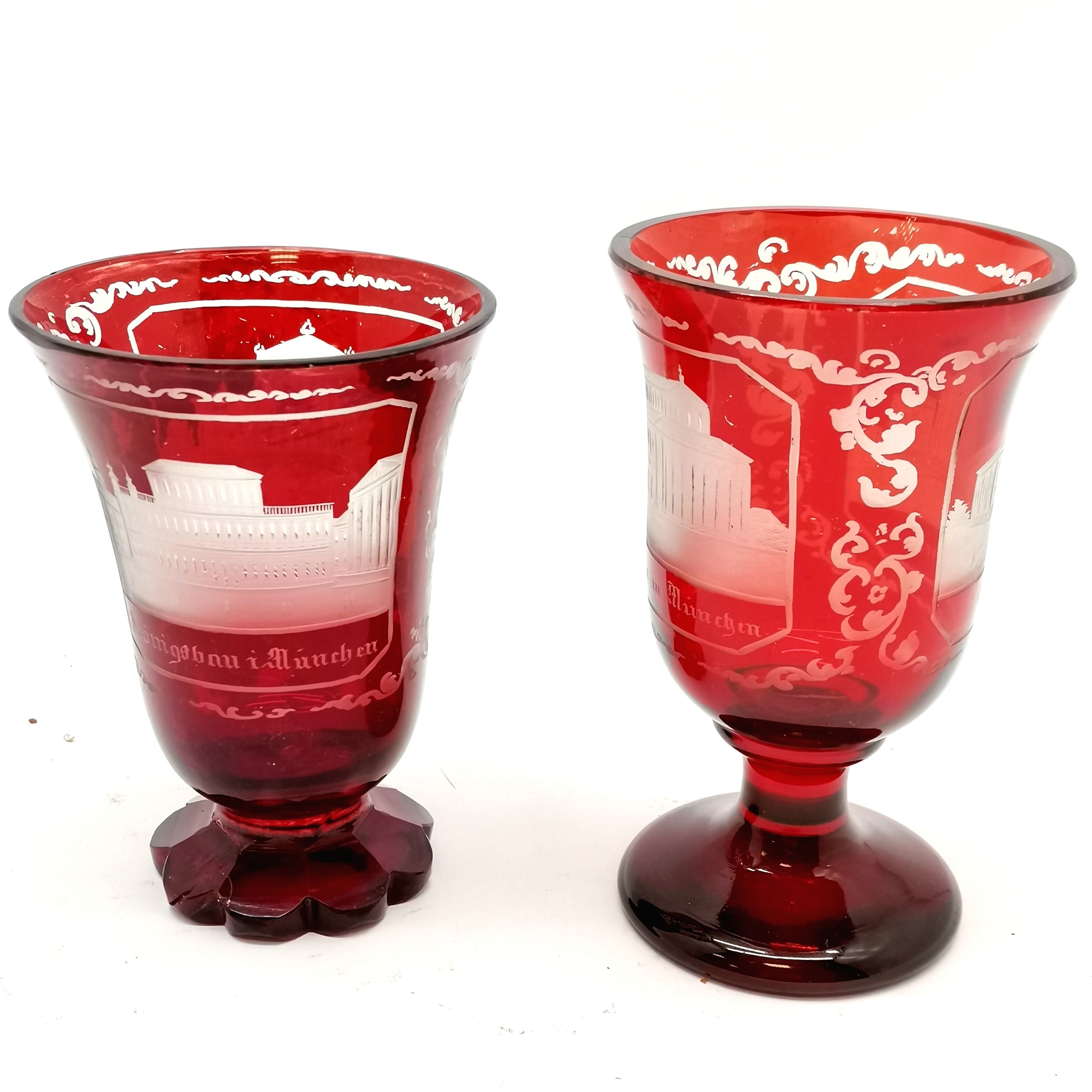2 x antique ruby glass goblets with acid etched buildings pictured - tallest 13cm ~ both have