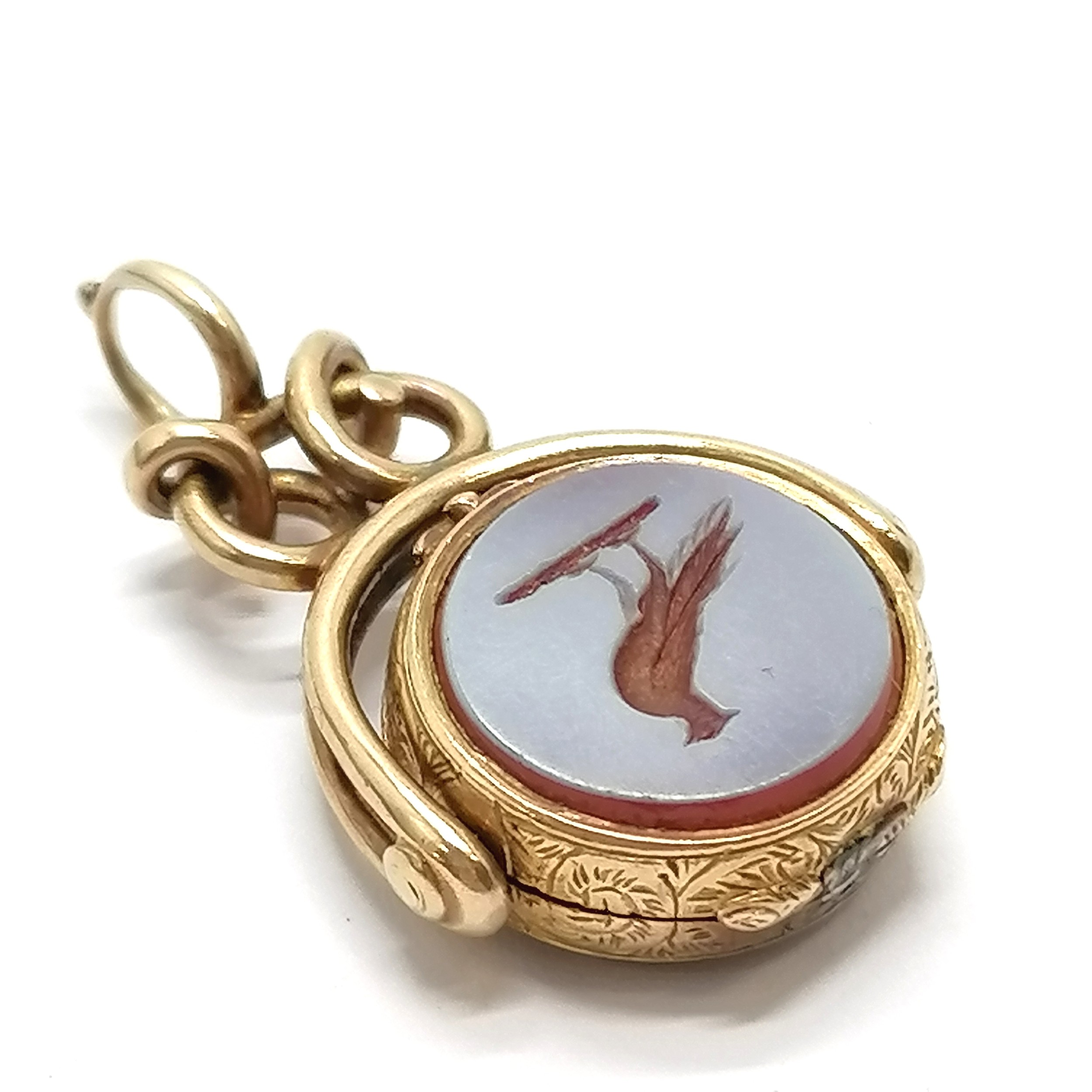 Unmarked antique gold (touch tests as higher carat) RARE swivel fob locket with sardonyx and - Image 4 of 5