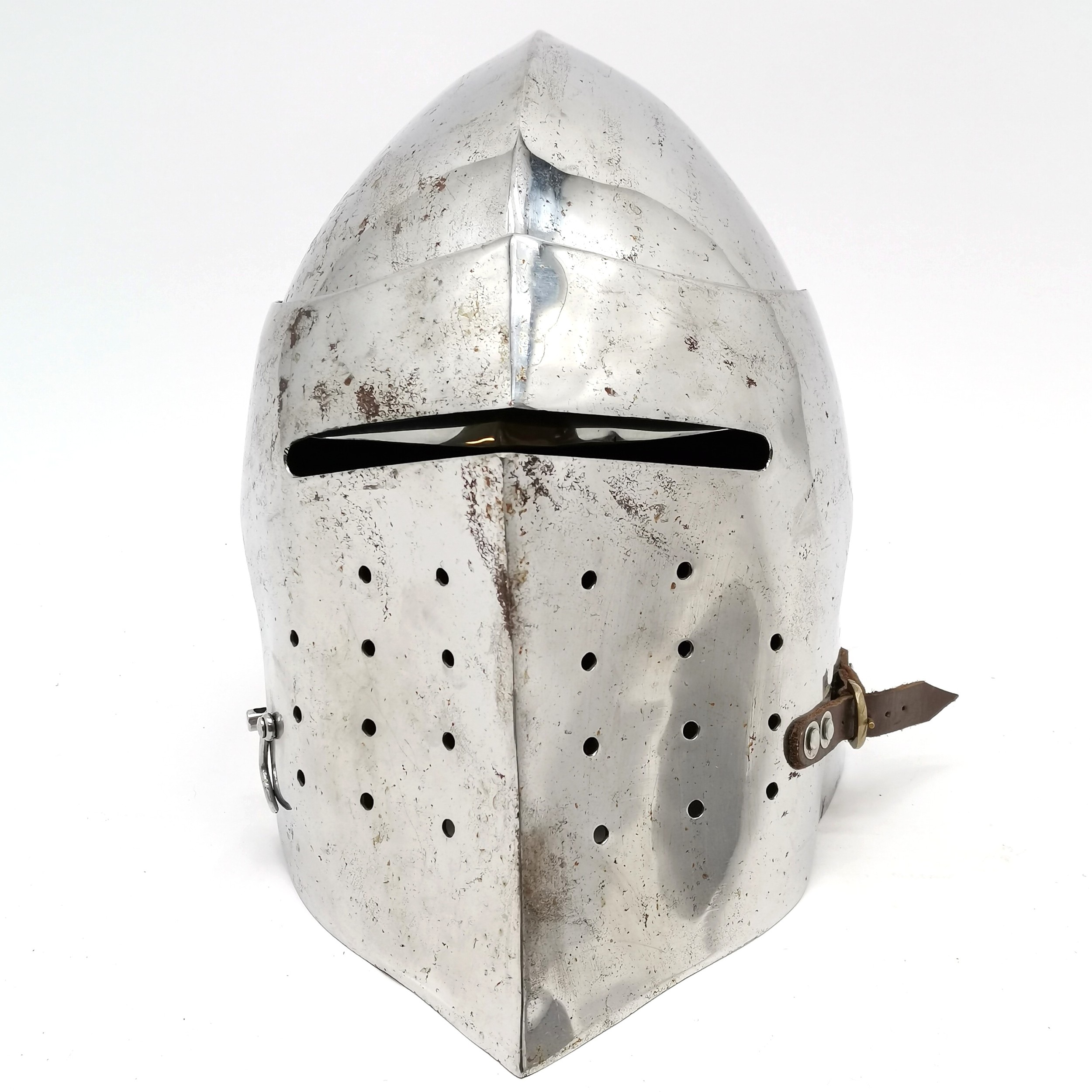 15th Century visored bascinet re-enactment armour helmet, 2.5mm steel, leather straps - 28cm