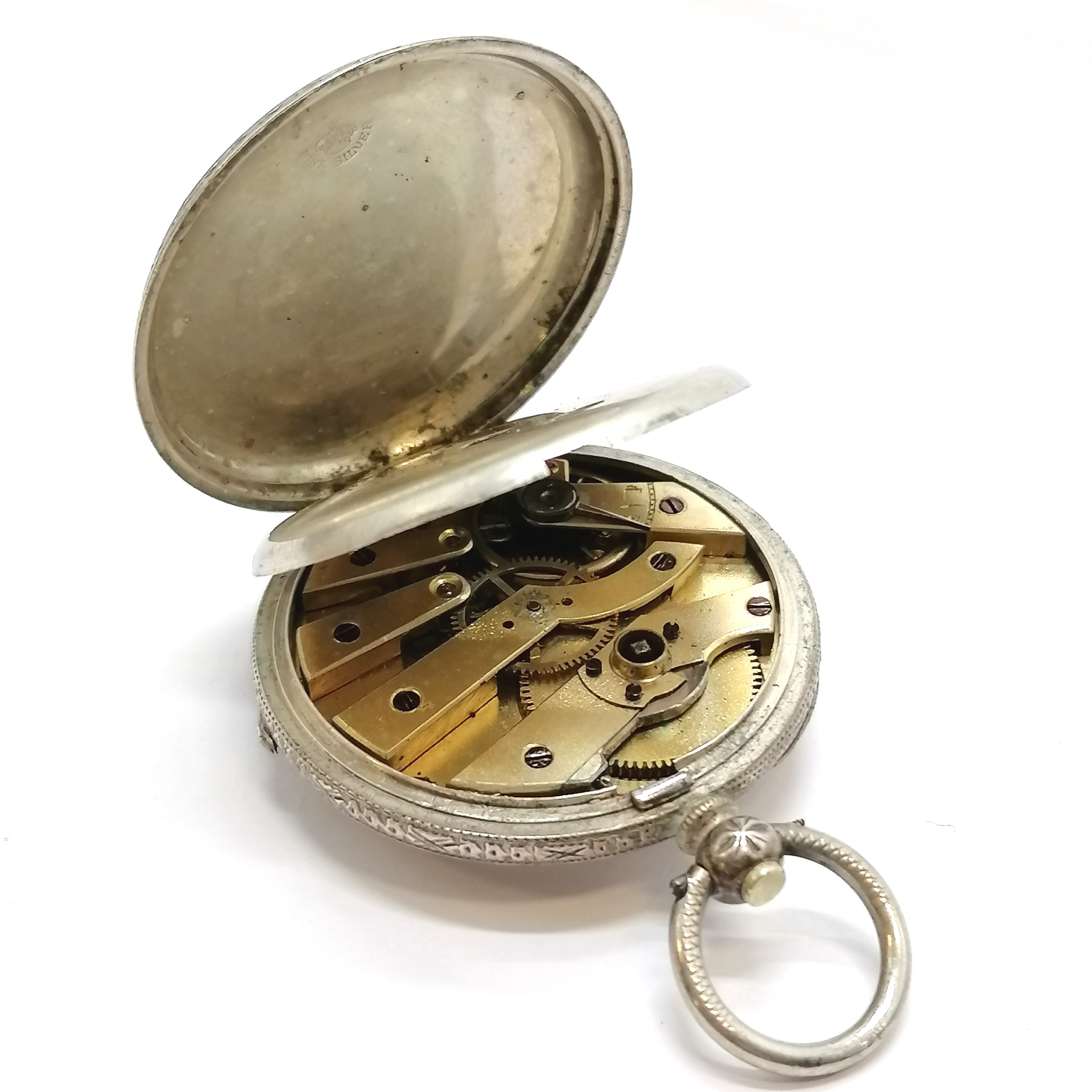 Antique silver cased fob watch with engraved detail - 34mm case & 35g total weight ~ for spares / - Image 4 of 4