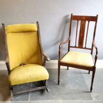 Edwardian mahogany and satinwood inlaid elbow chair, with drop in seat upholstered in a gold