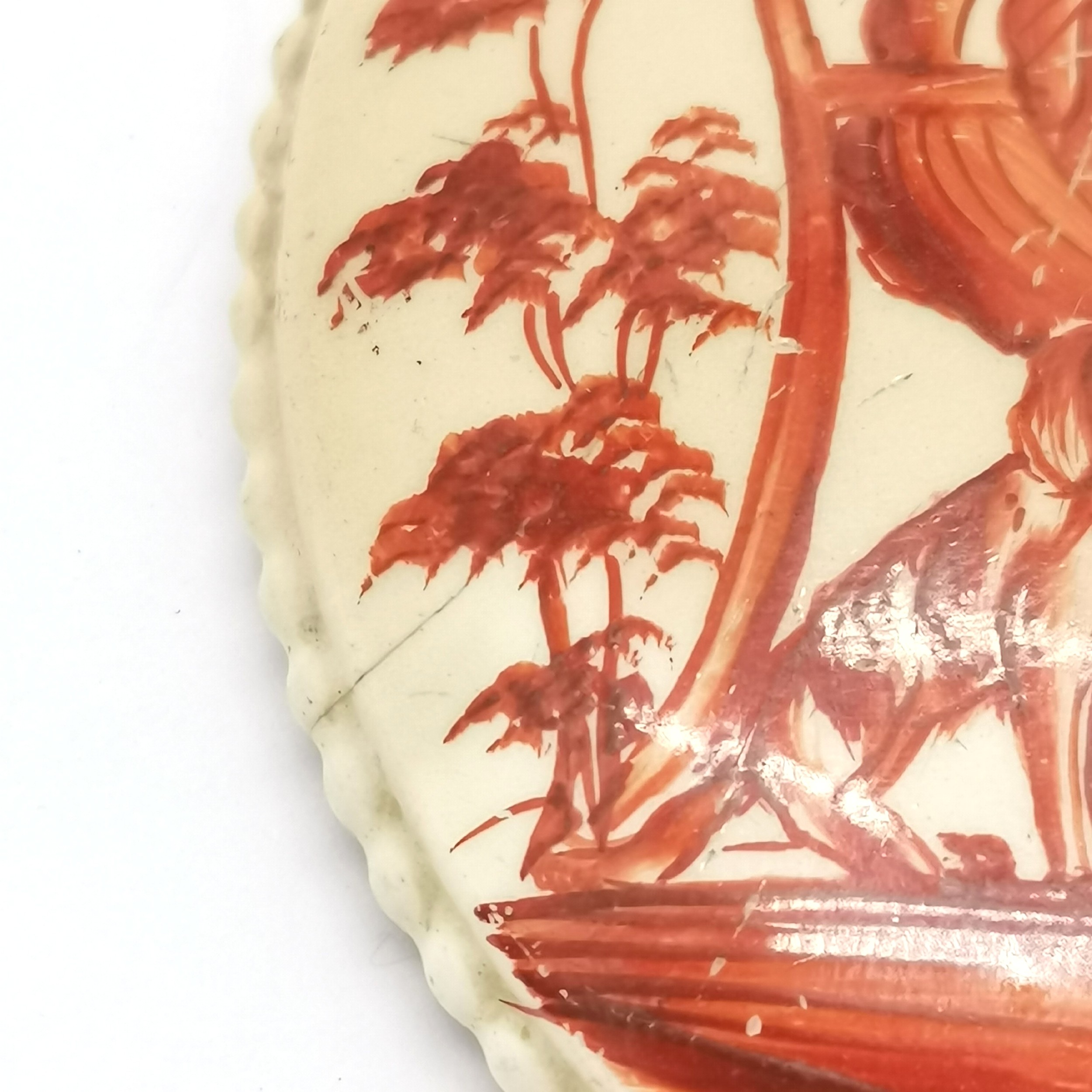 Antique Leeds creamware lidded pot with iron red decoration of a seated couple having tea with a dog - Image 3 of 4