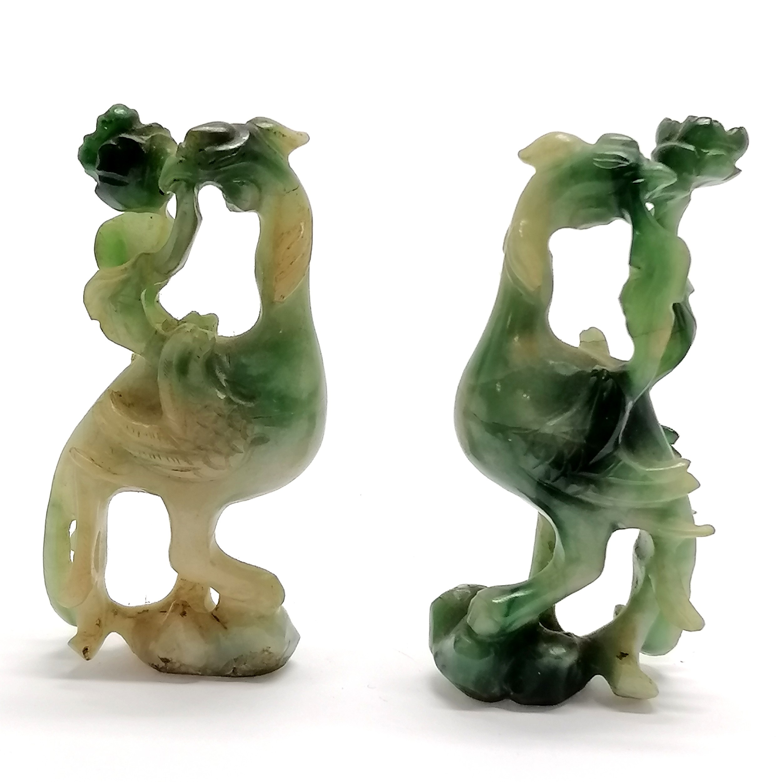 Pair of antique Chinese hand caved hardstone jade bird figures - 6.5cm high ~ 1 has small repair