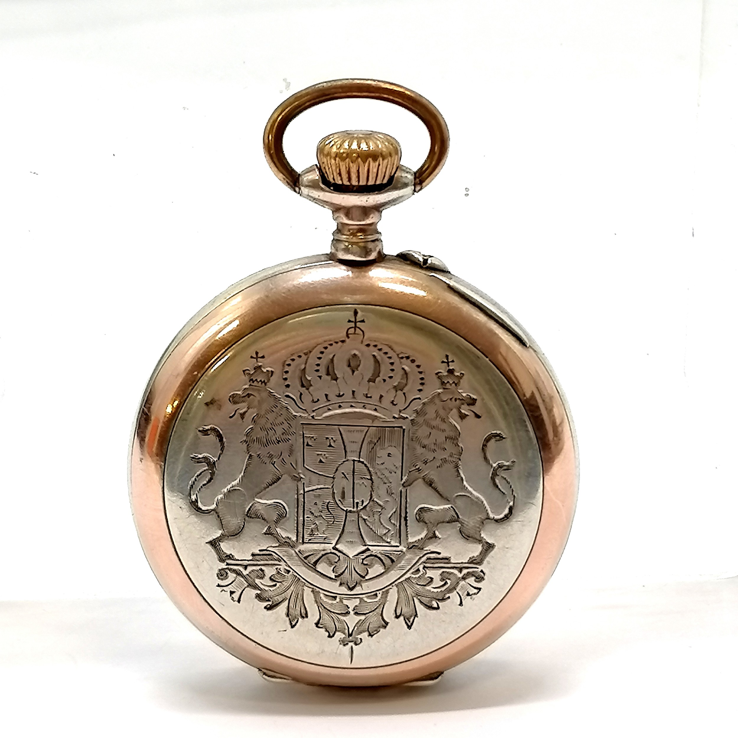 800 silver marked pocket watch with armorial crest to reverse and unmarked gold detail to bezel - Image 2 of 4