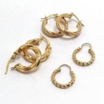 3 x 9ct marked gold pairs of hoop earrings - 4g total