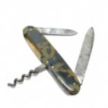 Unusual doubled bladed penknife with corkscrew & faux tortoiseshell panels - total length 20cm ~