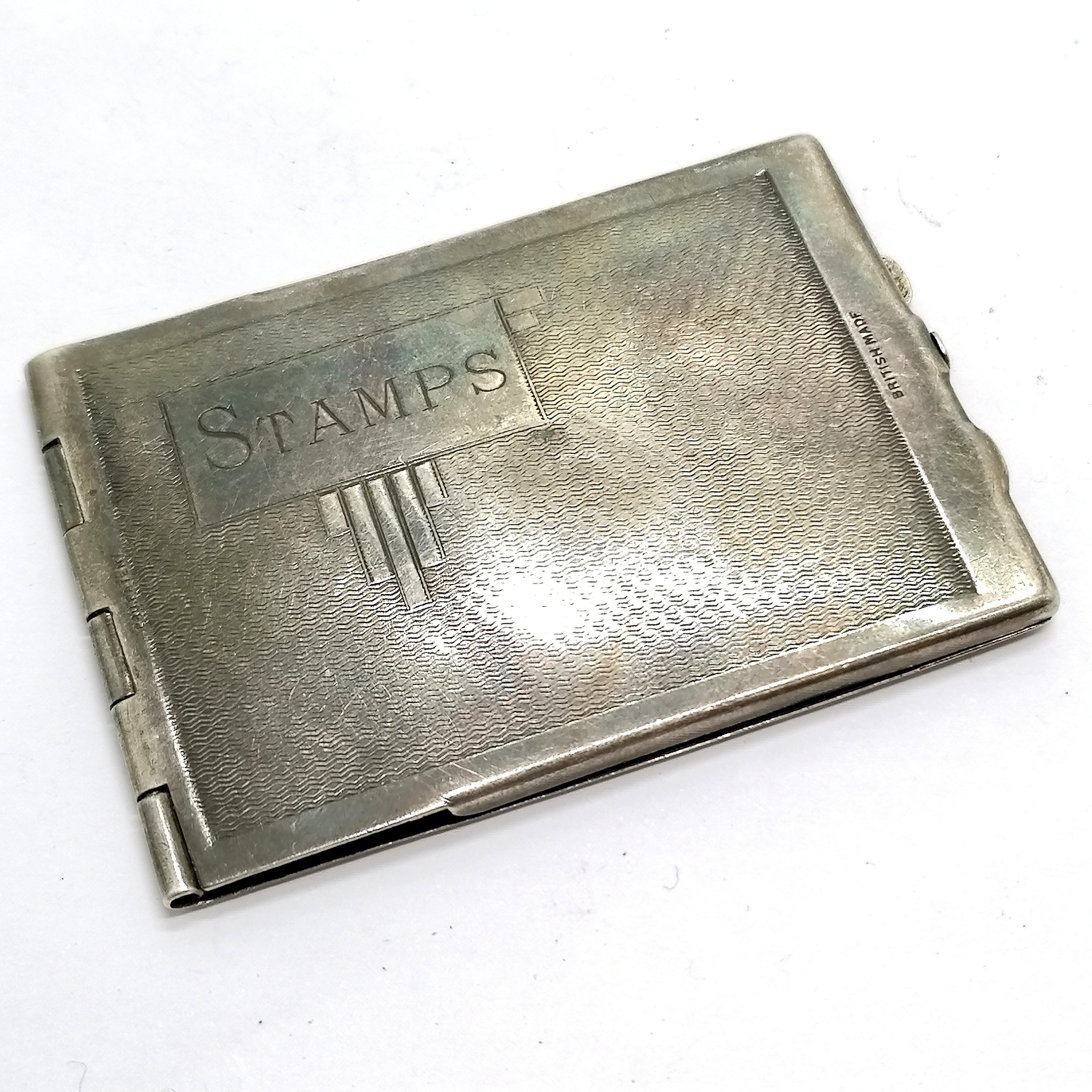1934 silver stamps book case by SJ - 7cm x 4.8cm & 39g ~ has slight dents & wear