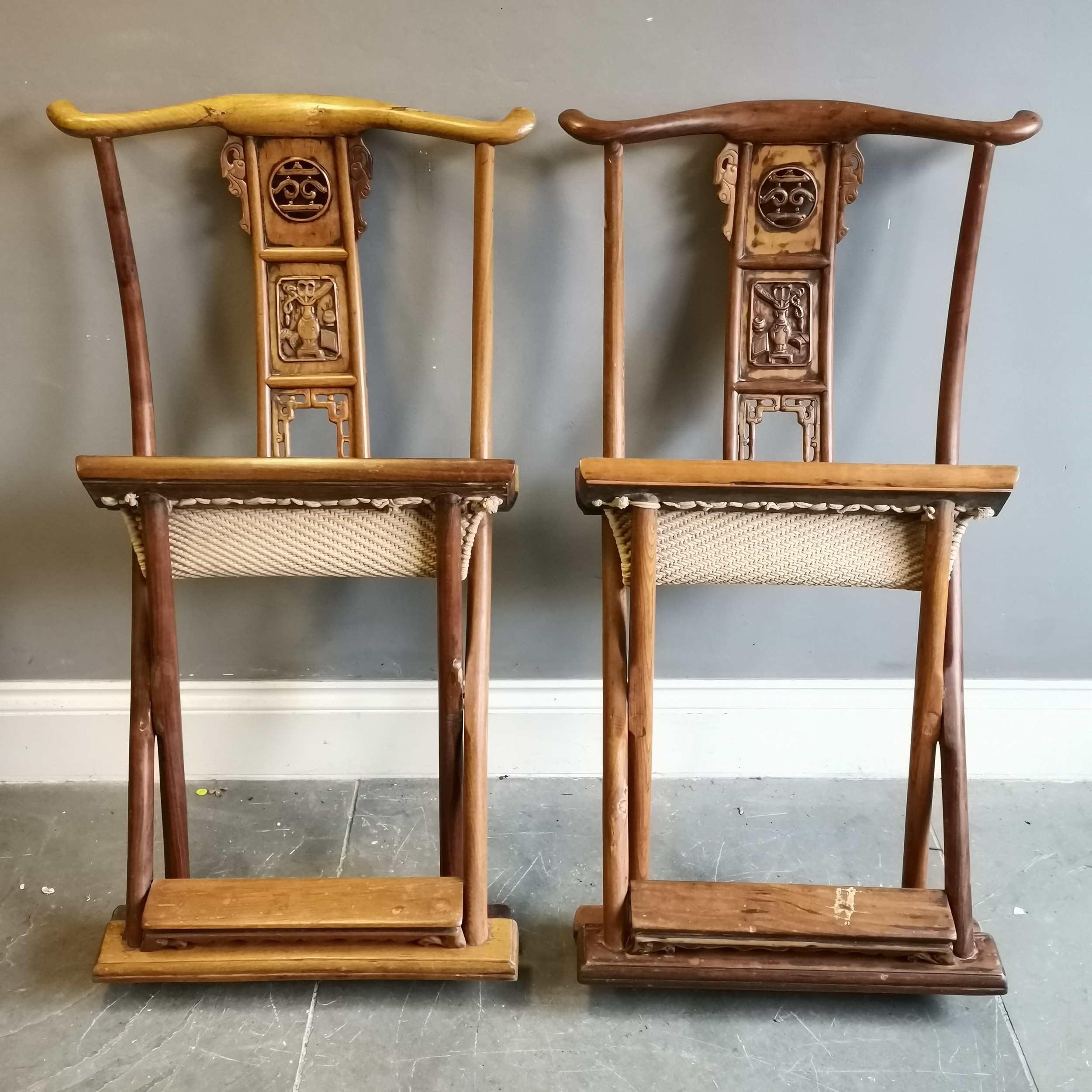 Pair of Chinese folding hardwood carved chairs with sisal seats. H97cm x D41cm x L55cm. In used - Image 3 of 7