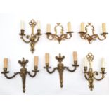 3 x pairs of vintage brass wall lights in classical styles - longest (with bow detail) 33cm high