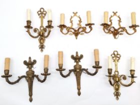 3 x pairs of vintage brass wall lights in classical styles - longest (with bow detail) 33cm high