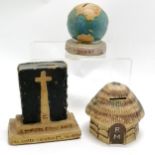 3 x Church missionary papier-mâché money / collection boxes - a wayside stone bible (15.5cm high),