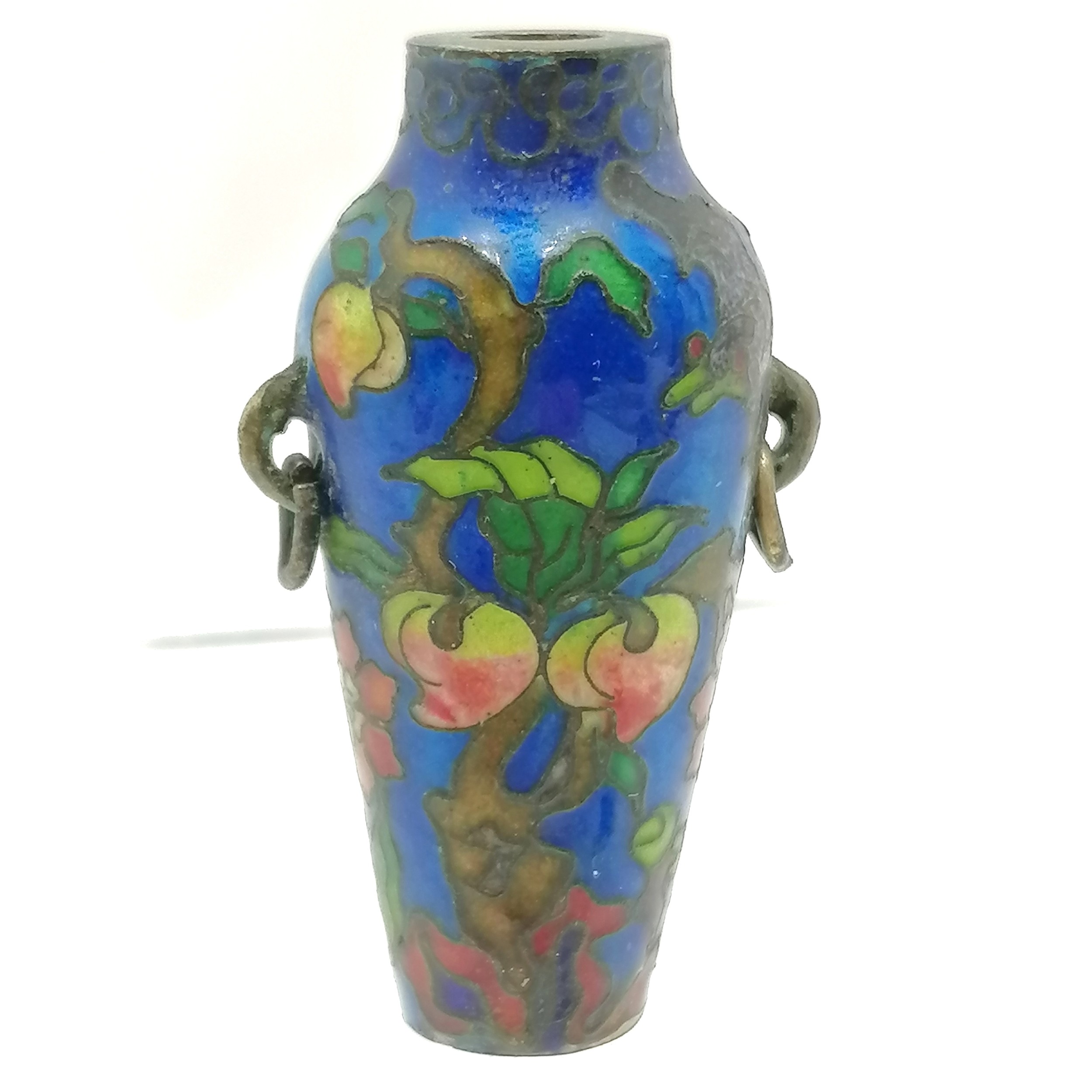 5 x Oriental Chinese snuff bottles - smallest cloisonne decorated 5cm & 2 lack stoppers ~ dragon has - Image 2 of 5