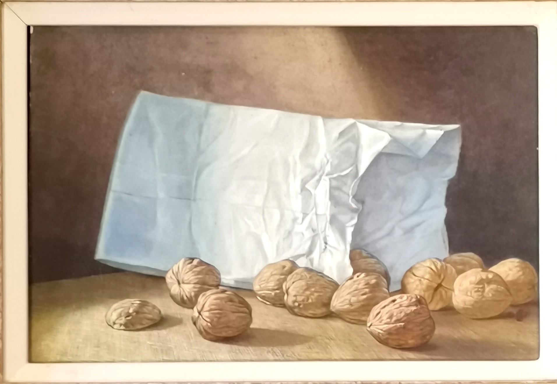 Framed oil on board painting of walnuts with a monogram Gouache - slight stress cracks to frame - - Image 2 of 3