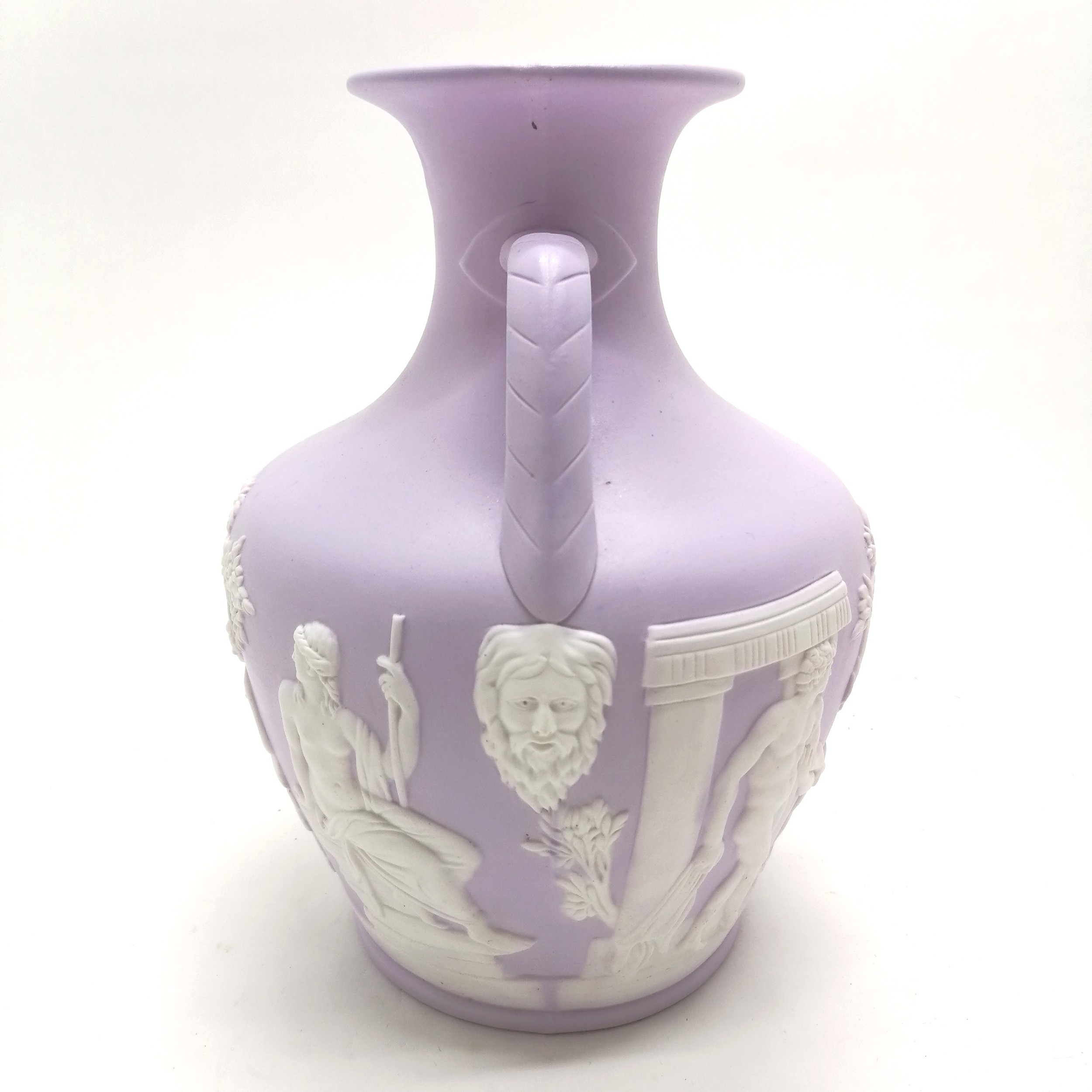 Wedgwood style Portland vase on pink / lilac ground - 25cm high ~ some restoration to top rim - Image 7 of 7