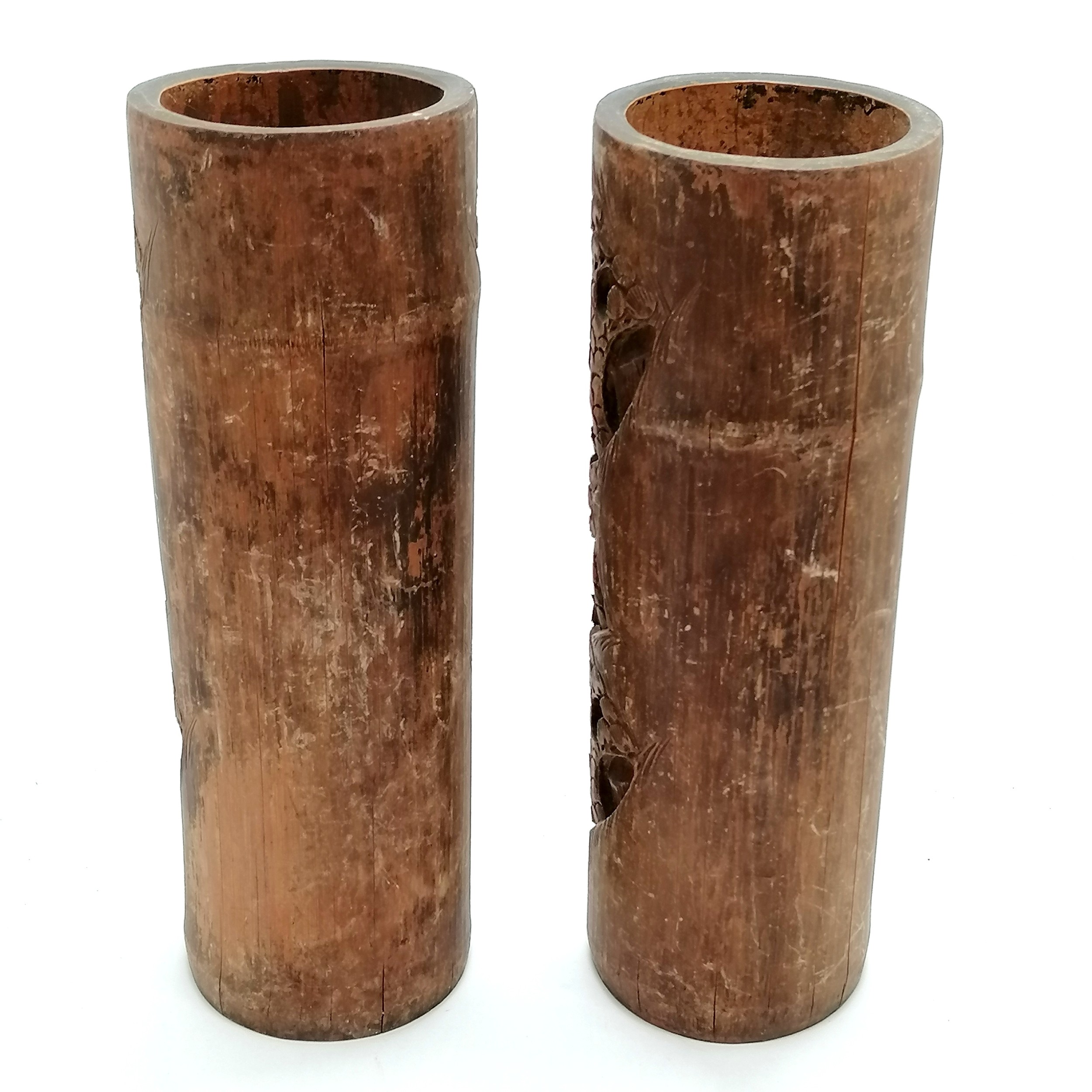 Pair of antique bamboo carved vases 34cm high - some small splits and discolouration to the surface - Image 2 of 5