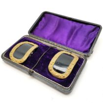 Boxed pair of antique shoe buckles with gilded Scottish thistle design - box 16cm x 8.5cm x 3.
