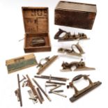 Stanley No 55 plane with vintage wooden box and contents & cutters t/w cased set of cutters for