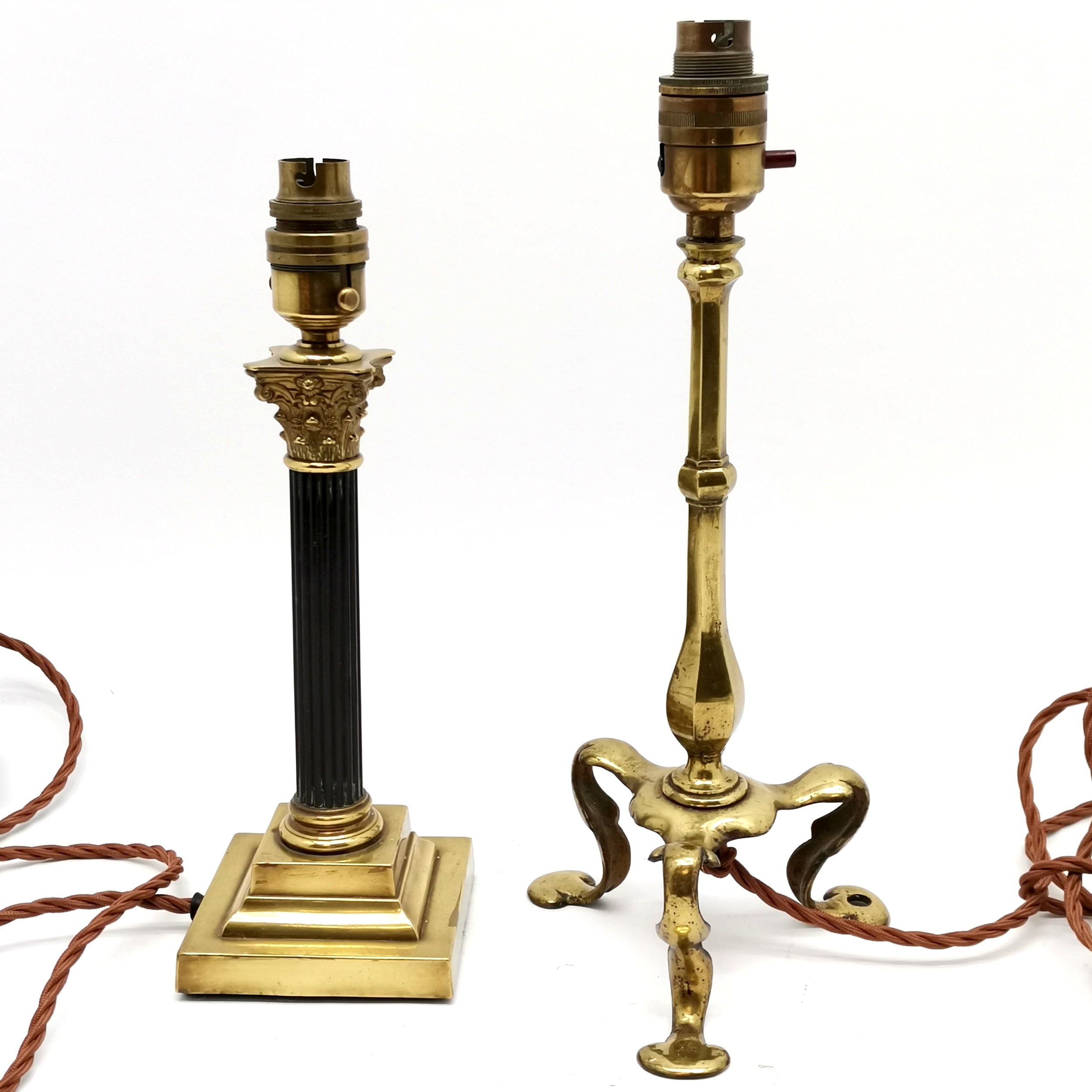 2 x brass table lamps (tallest Pullman with original fittings 25cm high) t/w frosted Art Nouveau - Image 2 of 4