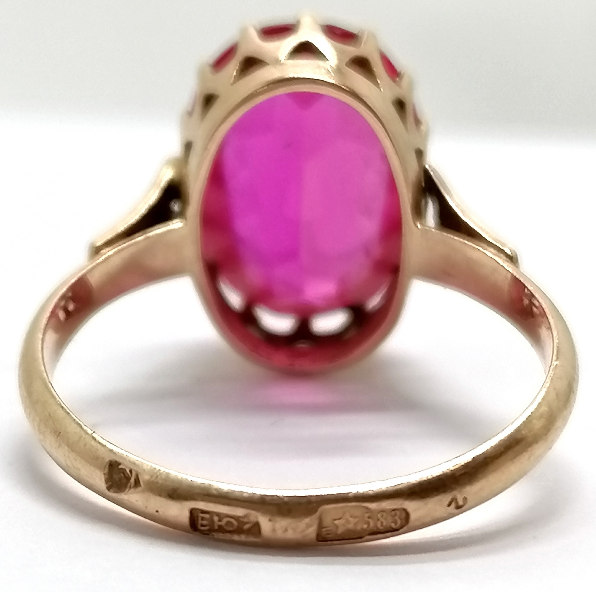 Russian 583 hallmarked gold pink sapphire (tests as) ring - size Q & 4.2g total weight - SOLD ON - Image 2 of 4