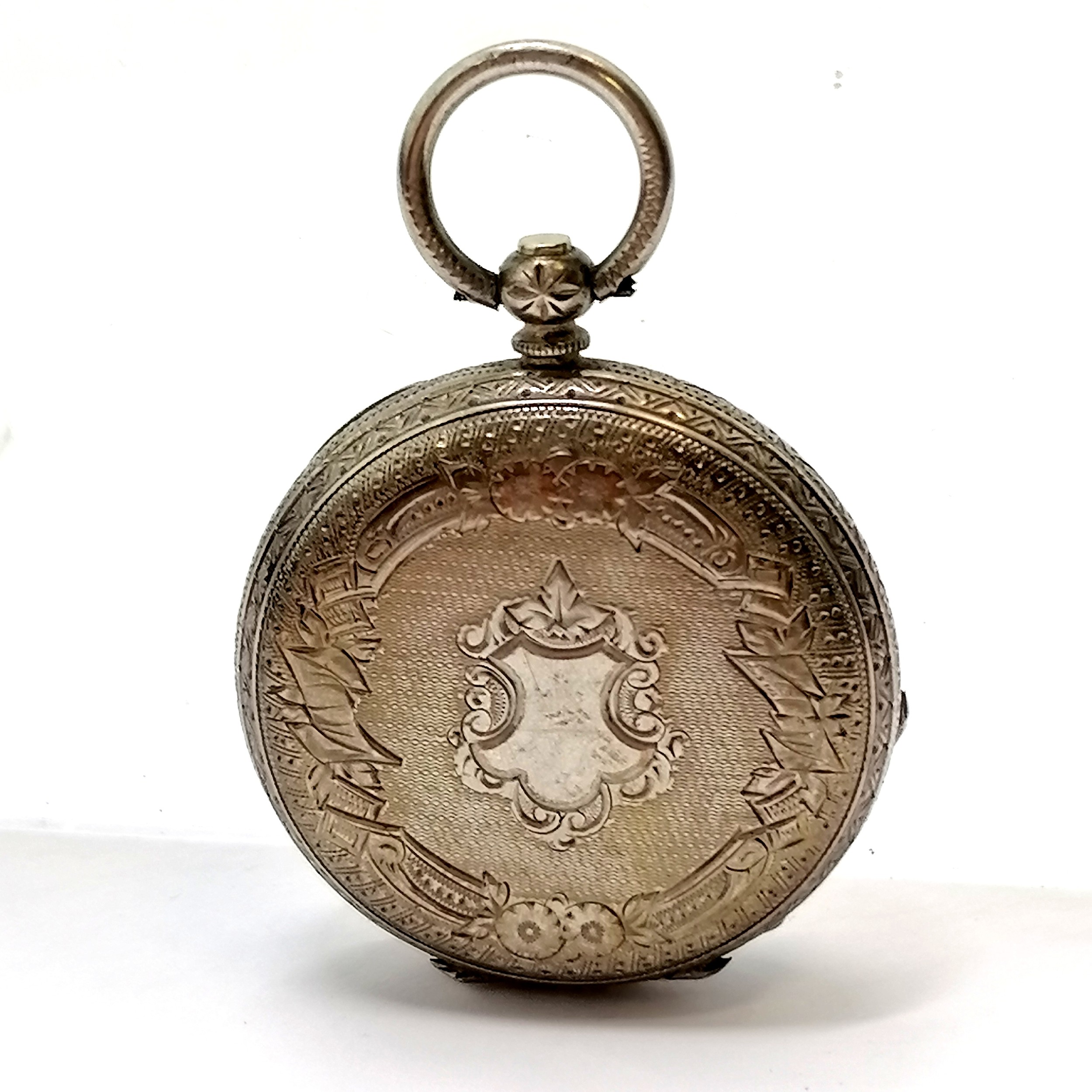 Antique silver cased fob watch with engraved detail - 34mm case & 35g total weight ~ for spares / - Image 2 of 4