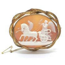 Antique hand carved cameo of a chariot + winged charioteer gilt metal brooch - 6cm across ~ no