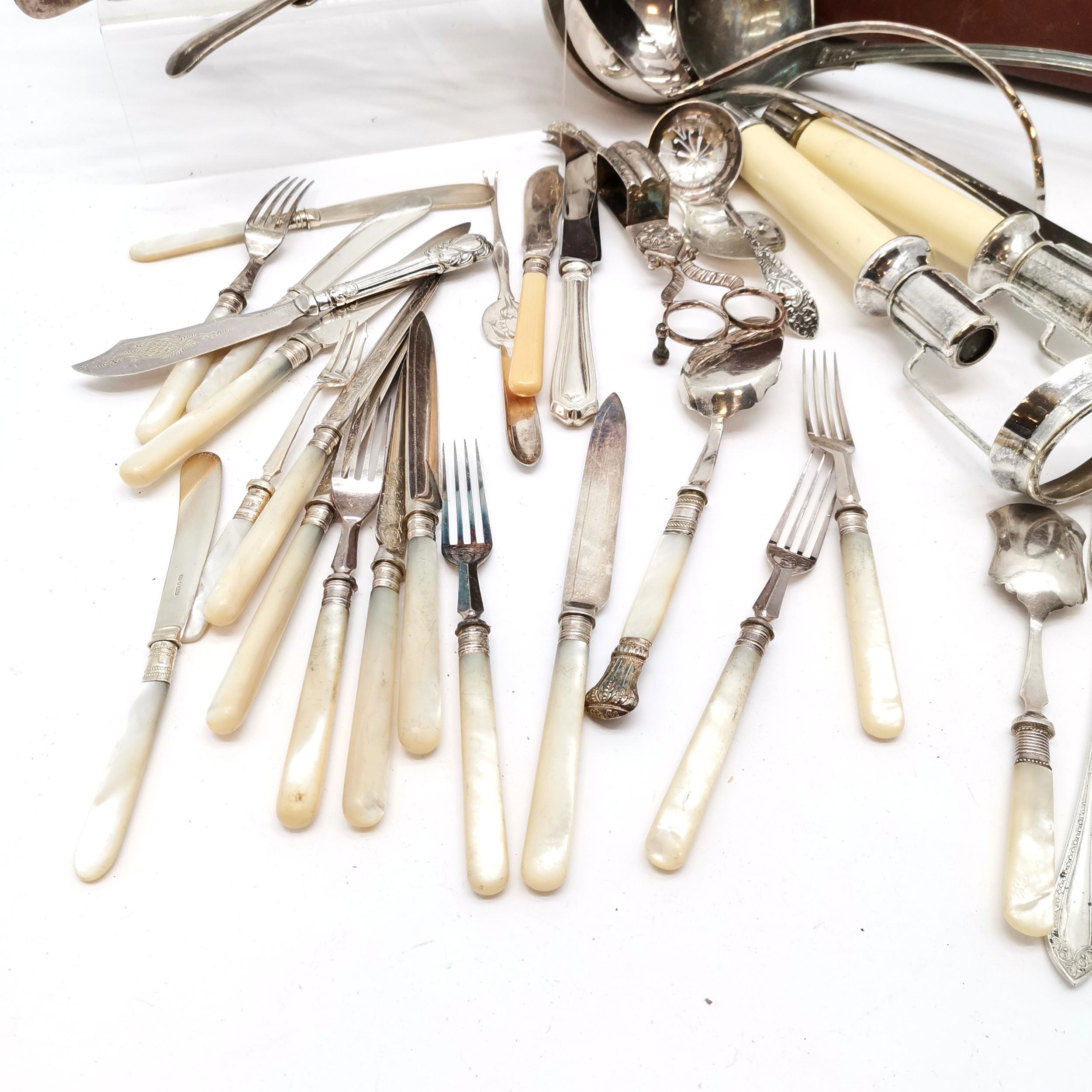 Qty of mostly silver plated cutlery inc mother of pearl handled cutlery, large ladles (largest 33cm) - Image 2 of 4