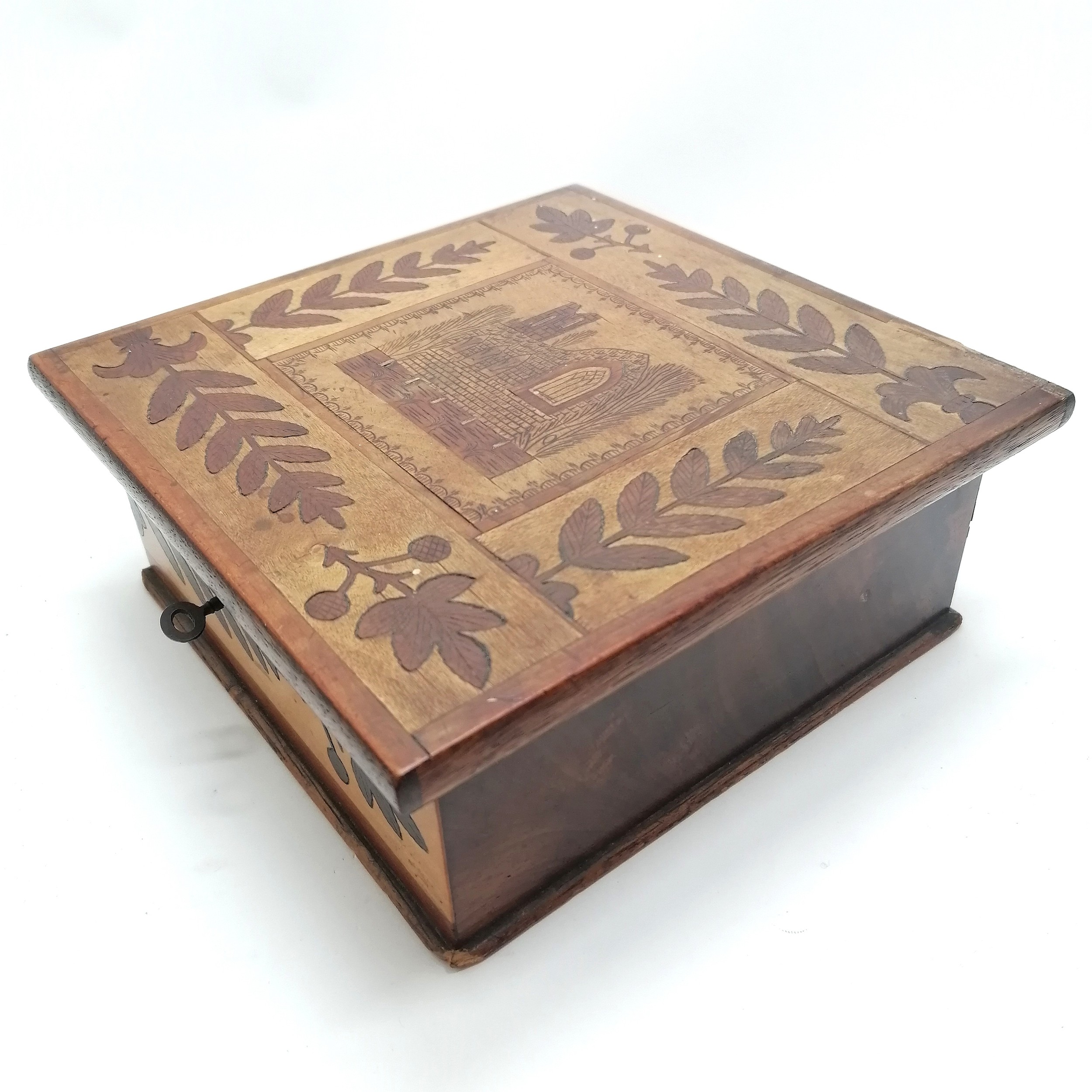 Antique Irish Killarney ware box with parquetry detail of an abbey / church with oak leaf detail and - Image 3 of 4