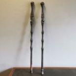 2 African Tribal hardwood carved walking sticks/staffs decorated with carved heads and decoration,