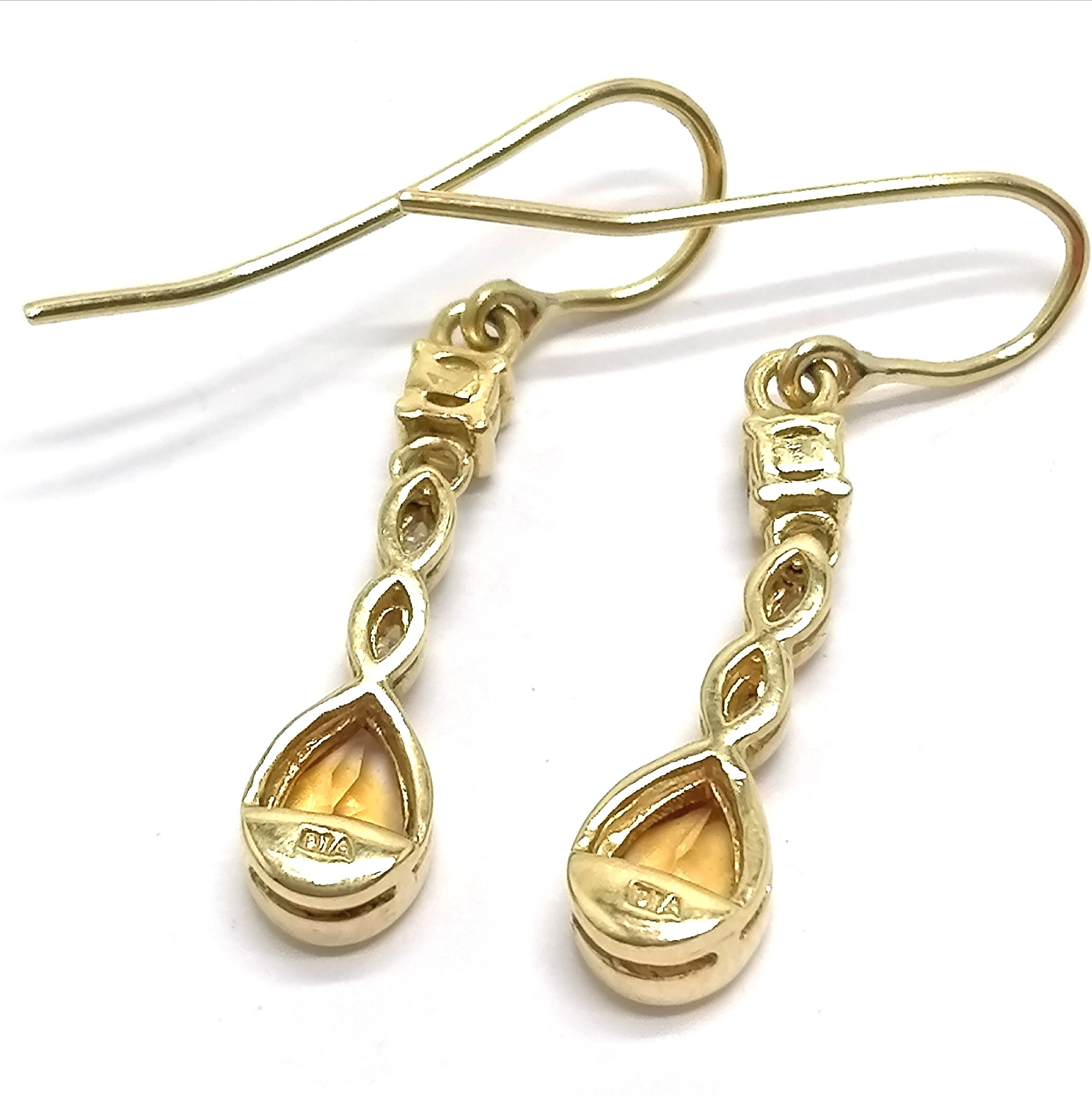 Pair of unmarked 18ct gold diamond & pear shaped citrine stone set drop earrings - 3cm & 4.2g - Image 3 of 5