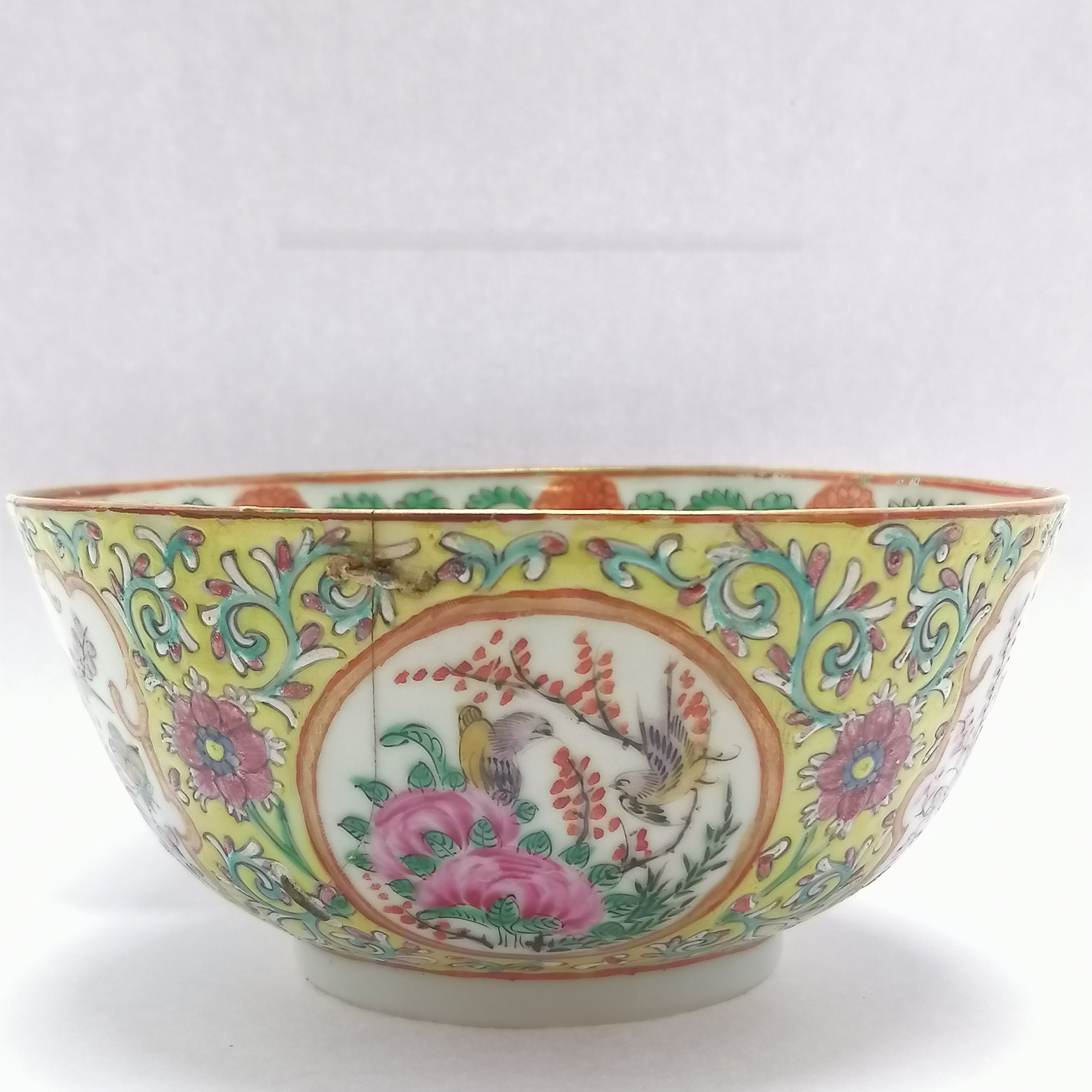 Antique Chinese famille rose bowl - yellow grounded with profuse floral & butterfly & bird (inc - Image 6 of 10