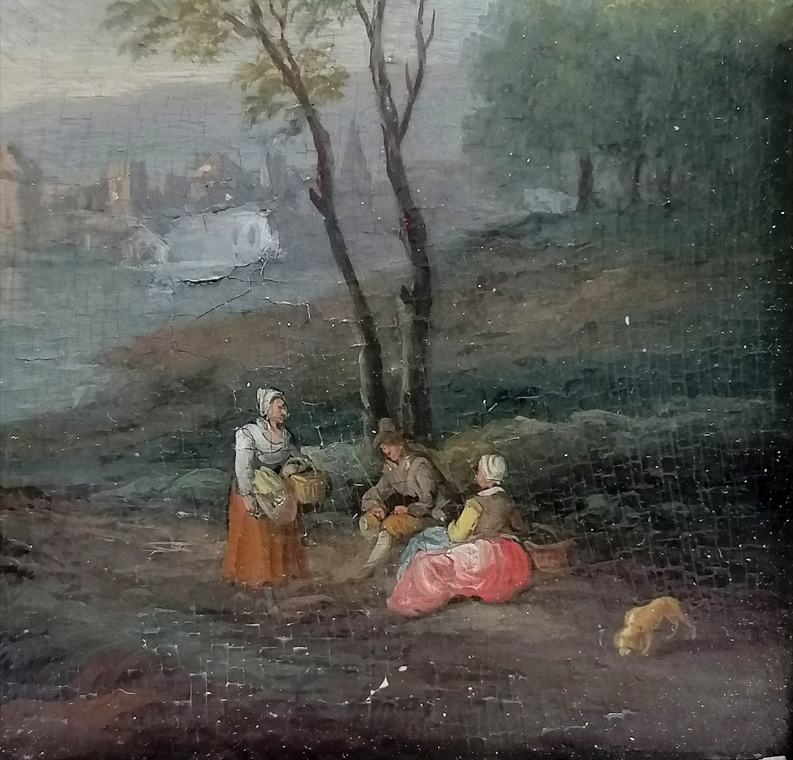 Pair of 17th century oil paintings on panel of pastoral scenes in original gilt frames in the circle - Image 5 of 11