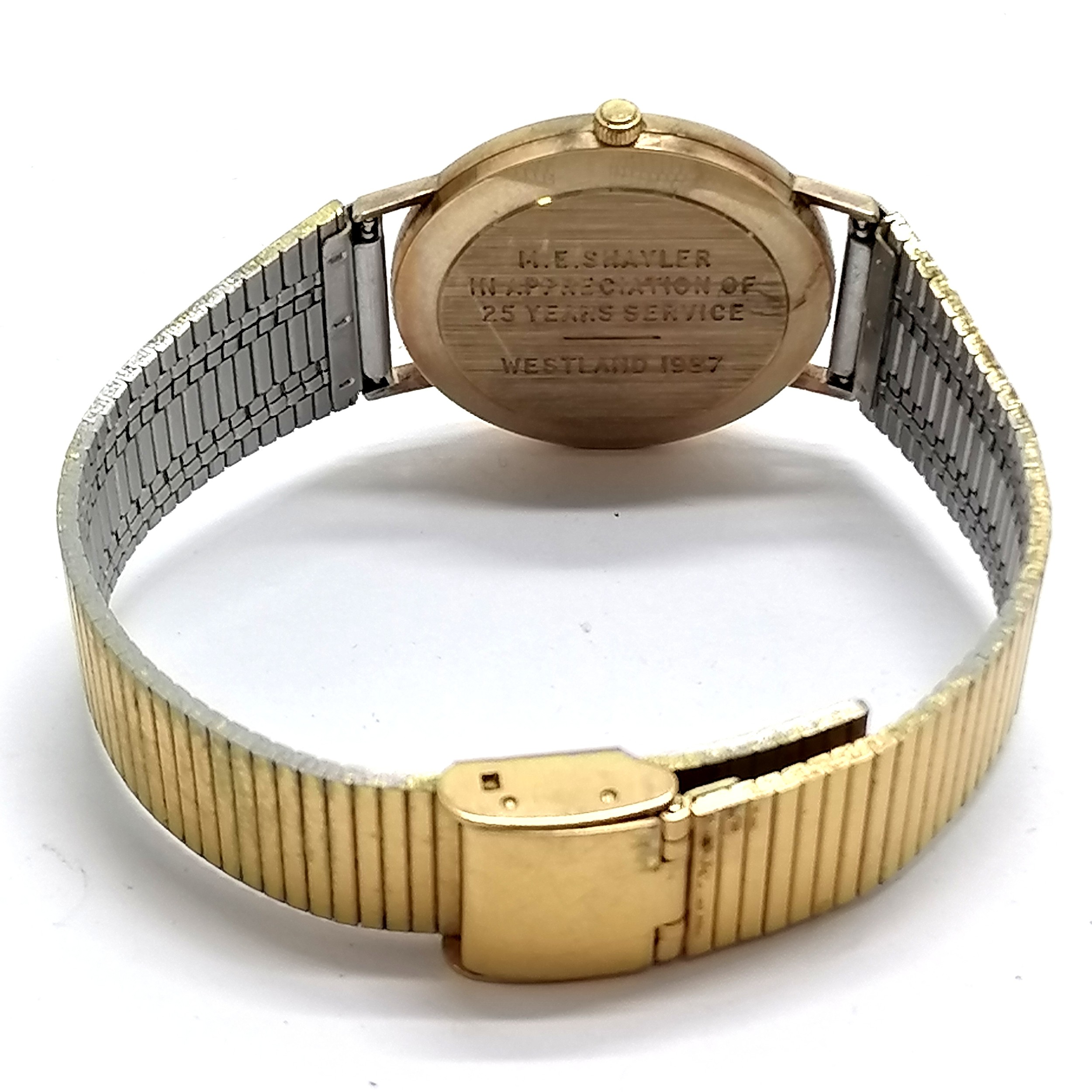 9ct gold cased Rotary gents quartz wristwatch (32mm case with dedication) on a gold plated strap - Image 2 of 3