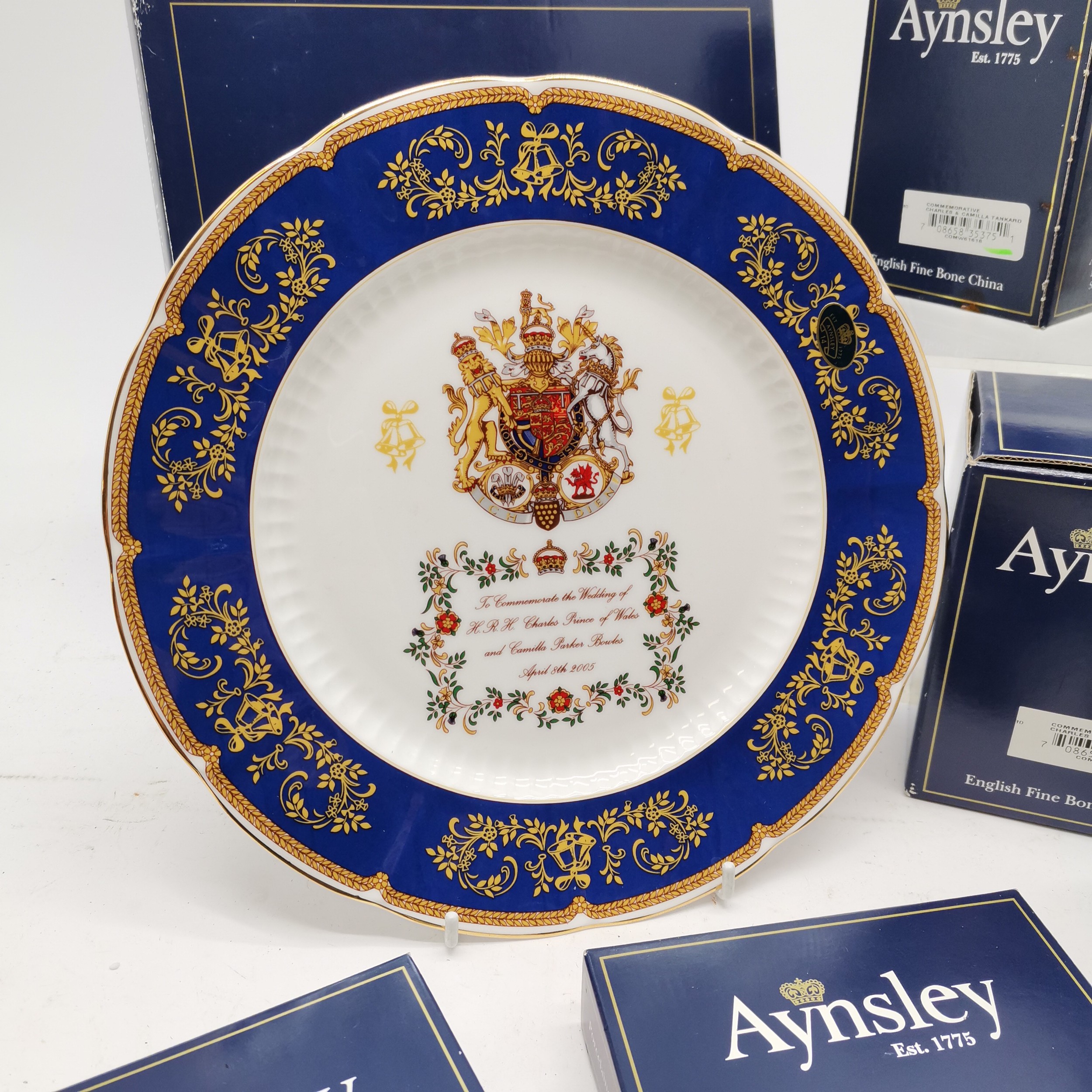 Aynsley commemorative Charles and Camilla wedding Plate, 2 pin dishes and 3 mugs all in original - Image 2 of 4