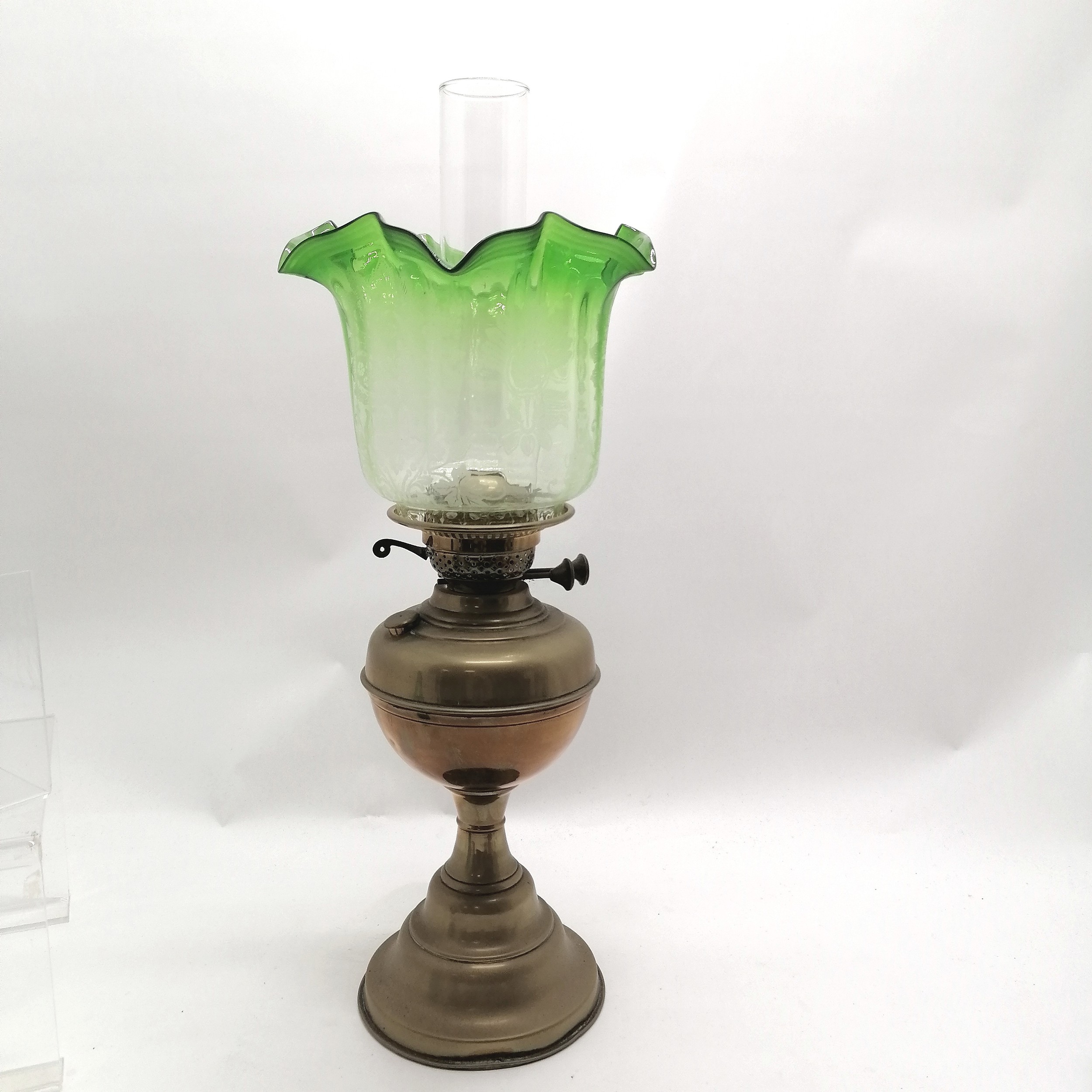 Antique brass oil lamp with twin burner & acid etched green shade - 56cm total height ~ slight dents