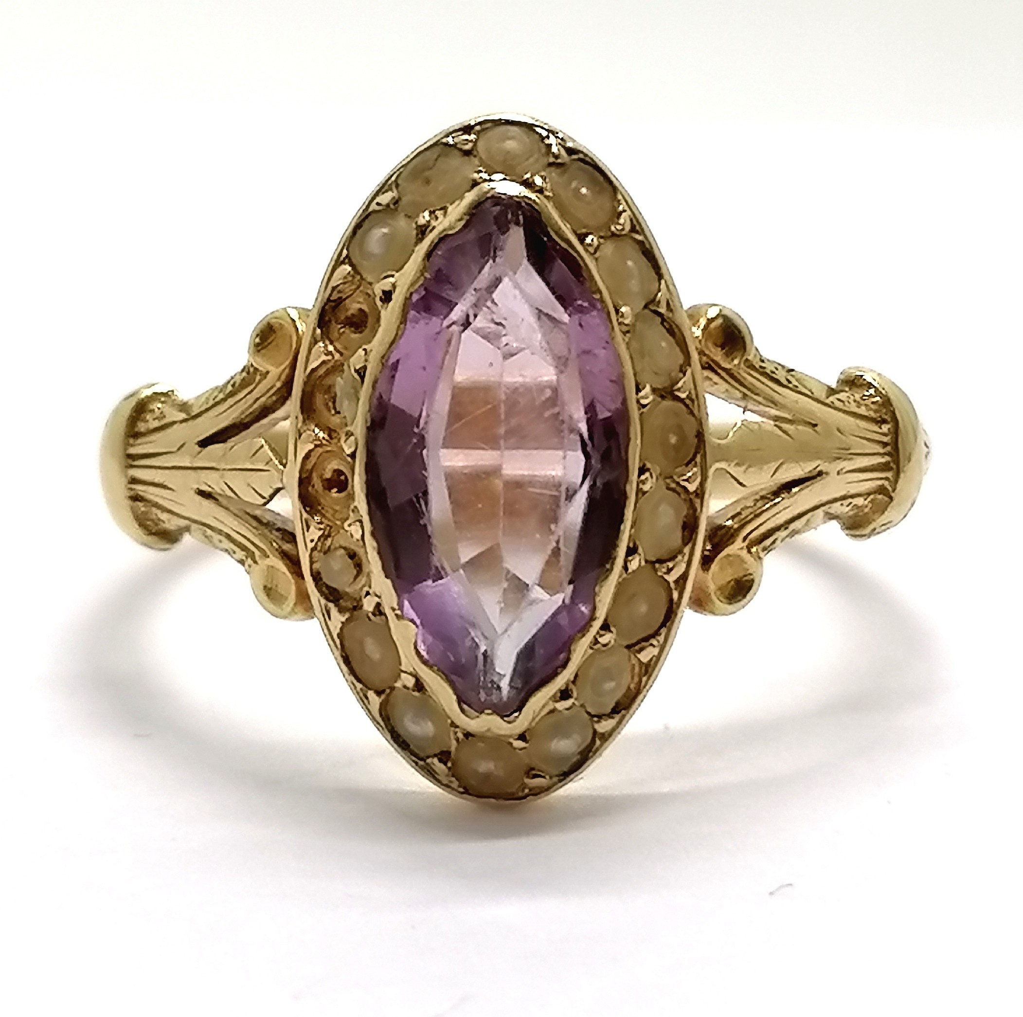 Antique continental marked 18ct marked gold ring set with amethyst & pearls (a/f) - size P & 3.2g