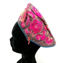 Antique Chinese embroidered cloth hat pink flowers and tassels - good used condition