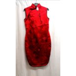 Chinese red figured satin dress 82 cm chest slight a/f to body otherwise in good used condition.