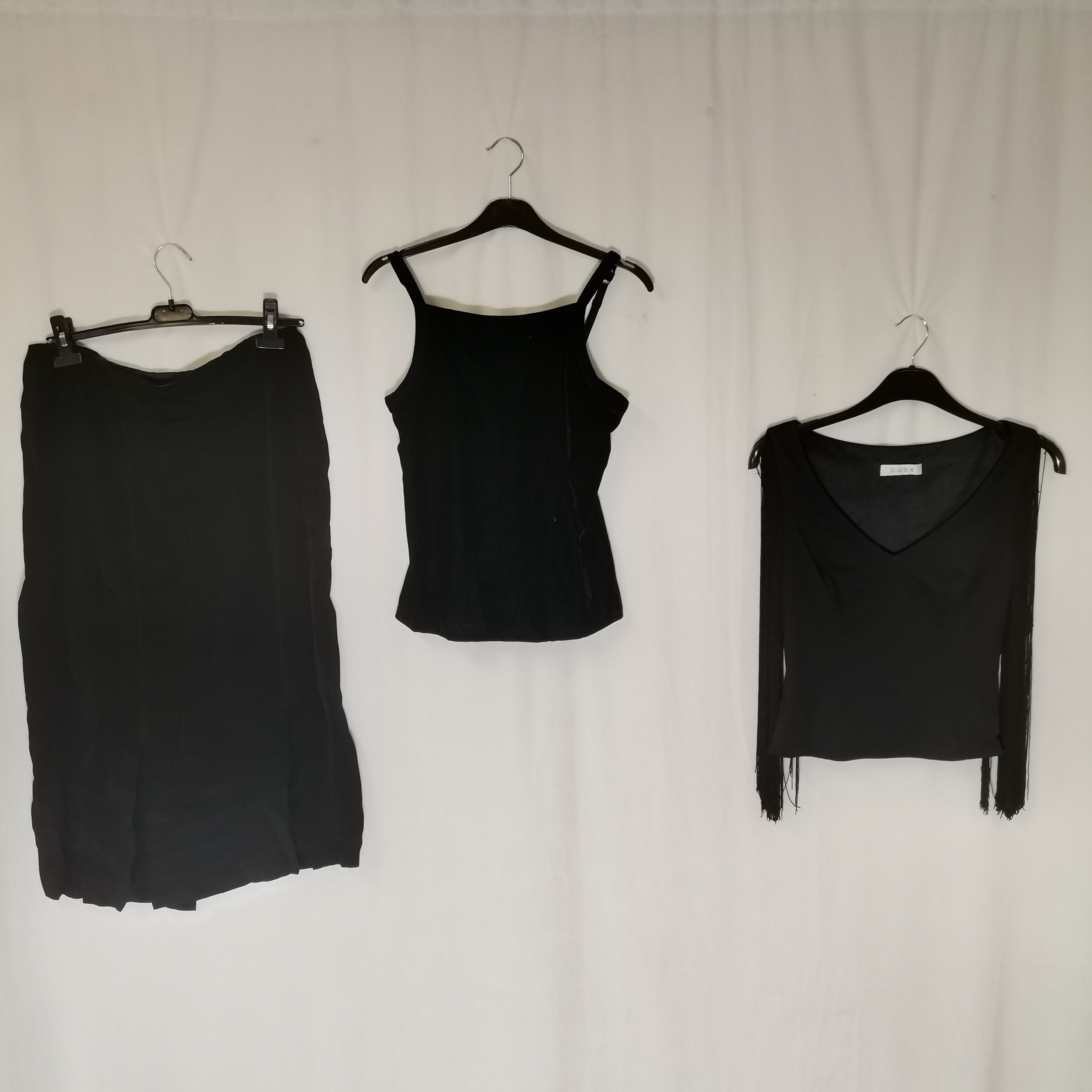 3 Black garments inc crepe skirt 80cm waist, velvet top 68cm bust and black top with fringed and